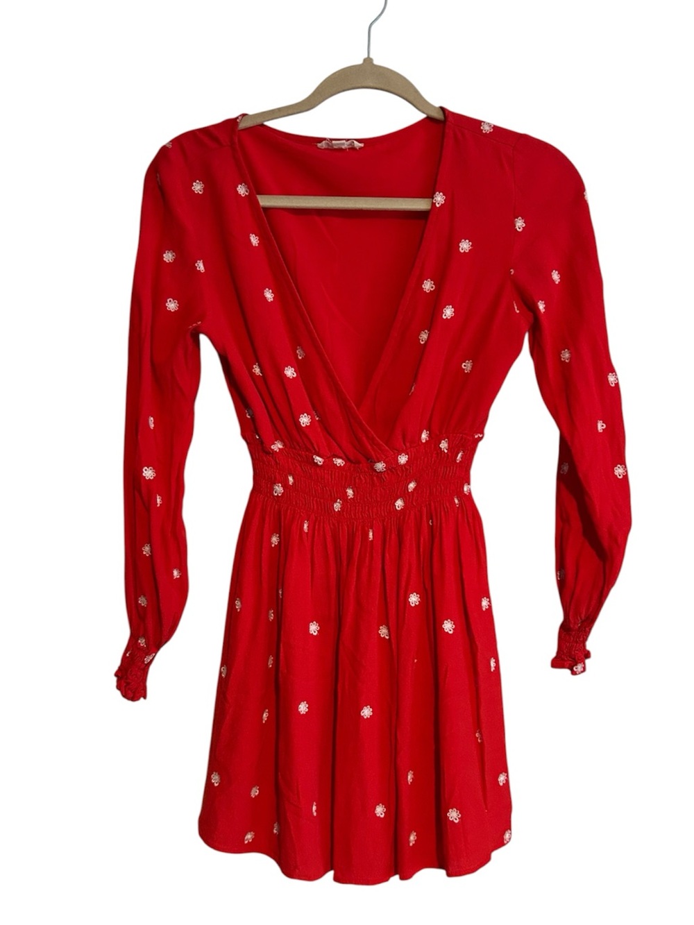 For Love & Lemons Red Long Sleeve Floral Embroidered Mini Dress Size